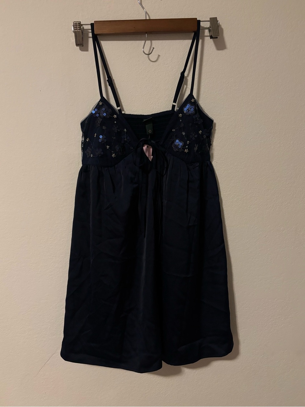 wild fable Navy Blue Floral Embroidered Satin Chemise